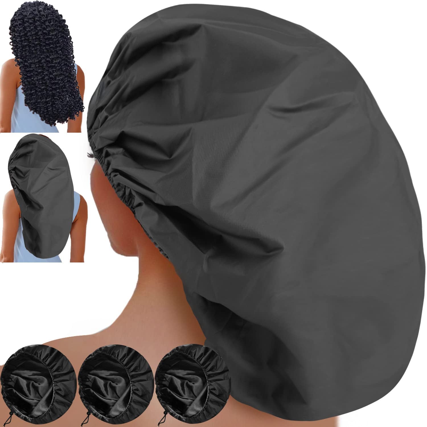 3 Pcs Super Jumbo Adjustable Satin Lined Shower Caps for Long Hair & Braids, Extra Large Shower Cap for Women & Men, Reusable XL with Waterproof Edge for Dreadlocks, Locs (Black) - PHamily Hair Care 