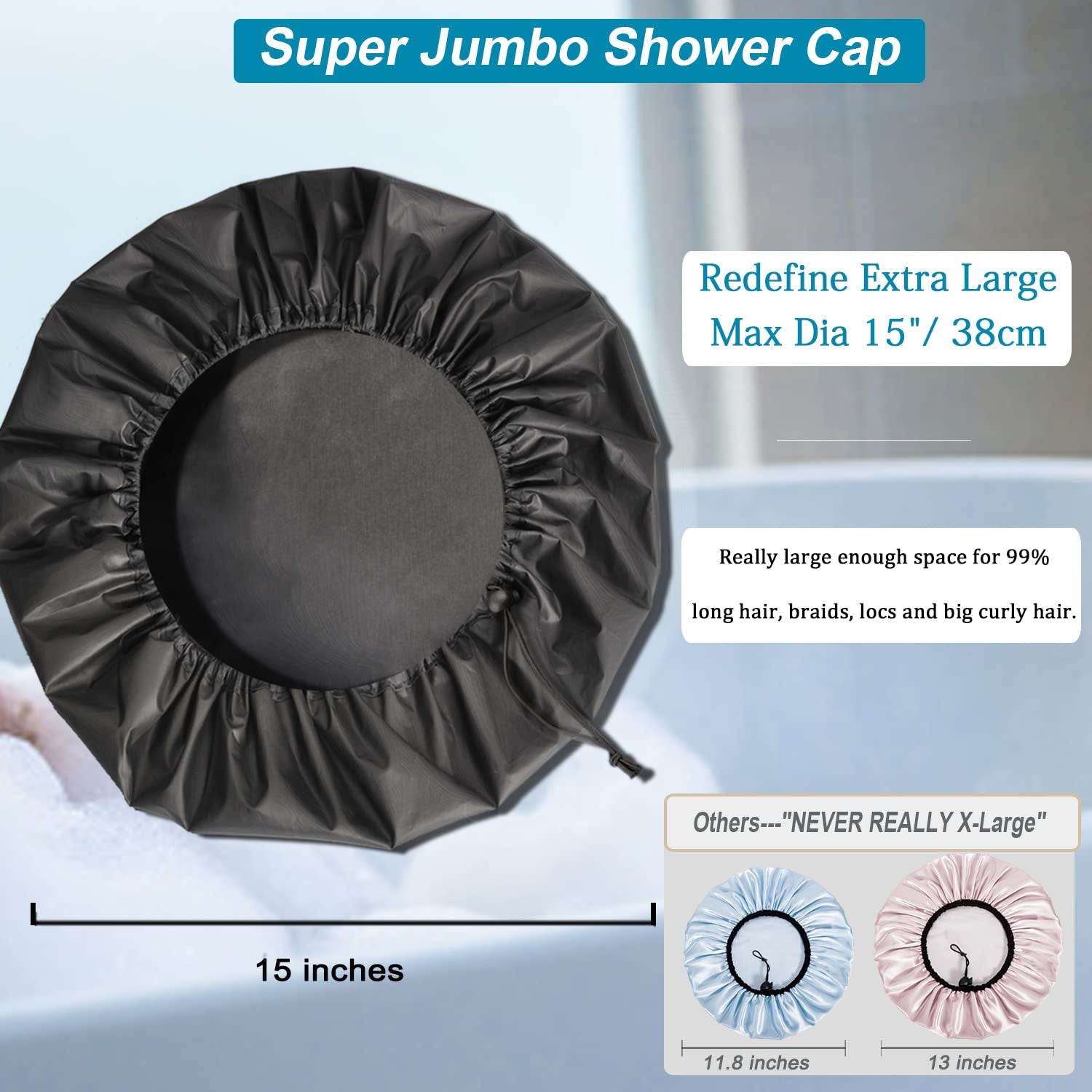 3 Pcs Super Jumbo Adjustable Satin Lined Shower Caps for Long Hair & Braids, Extra Large Shower Cap for Women & Men, Reusable XL with Waterproof Edge for Dreadlocks, Locs (Black) - PHamily Hair Care 