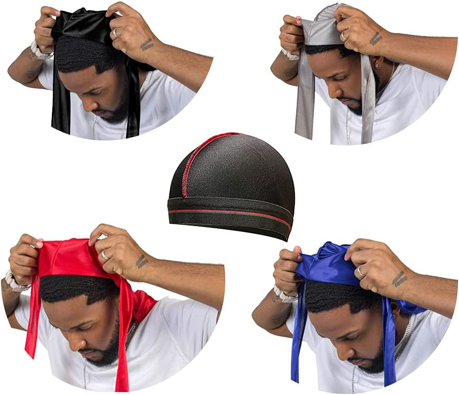 4PCS Silky Durags for Men Women 360 Waves with 1 Wave Cap, Silky Satin Durag Extra Long Tails - PHamily Hair Care 