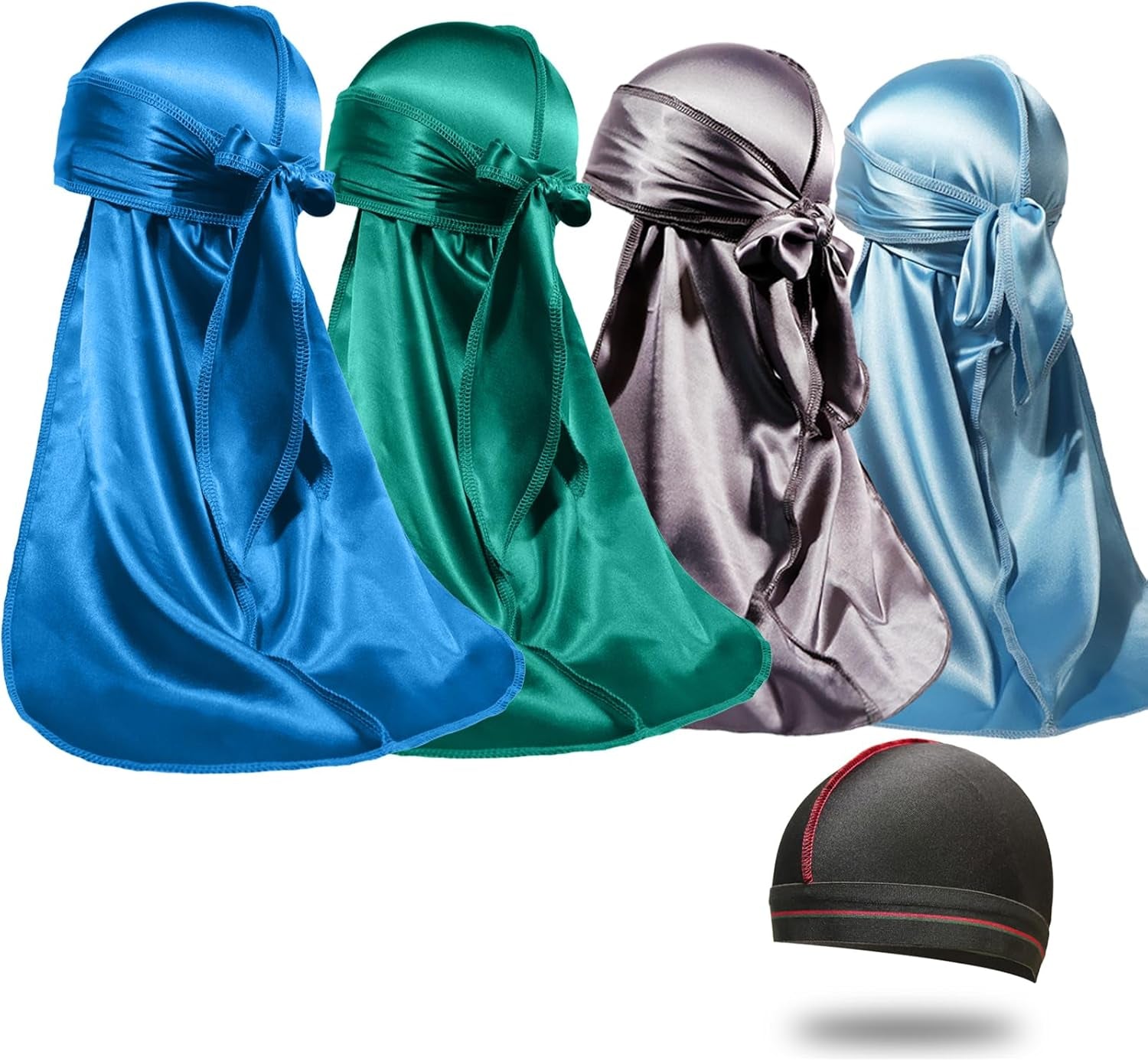 4PCS Silky Durags for Men Women 360 Waves with 1 Wave Cap, Silky Satin Durag Extra Long Tails - PHamily Hair Care 