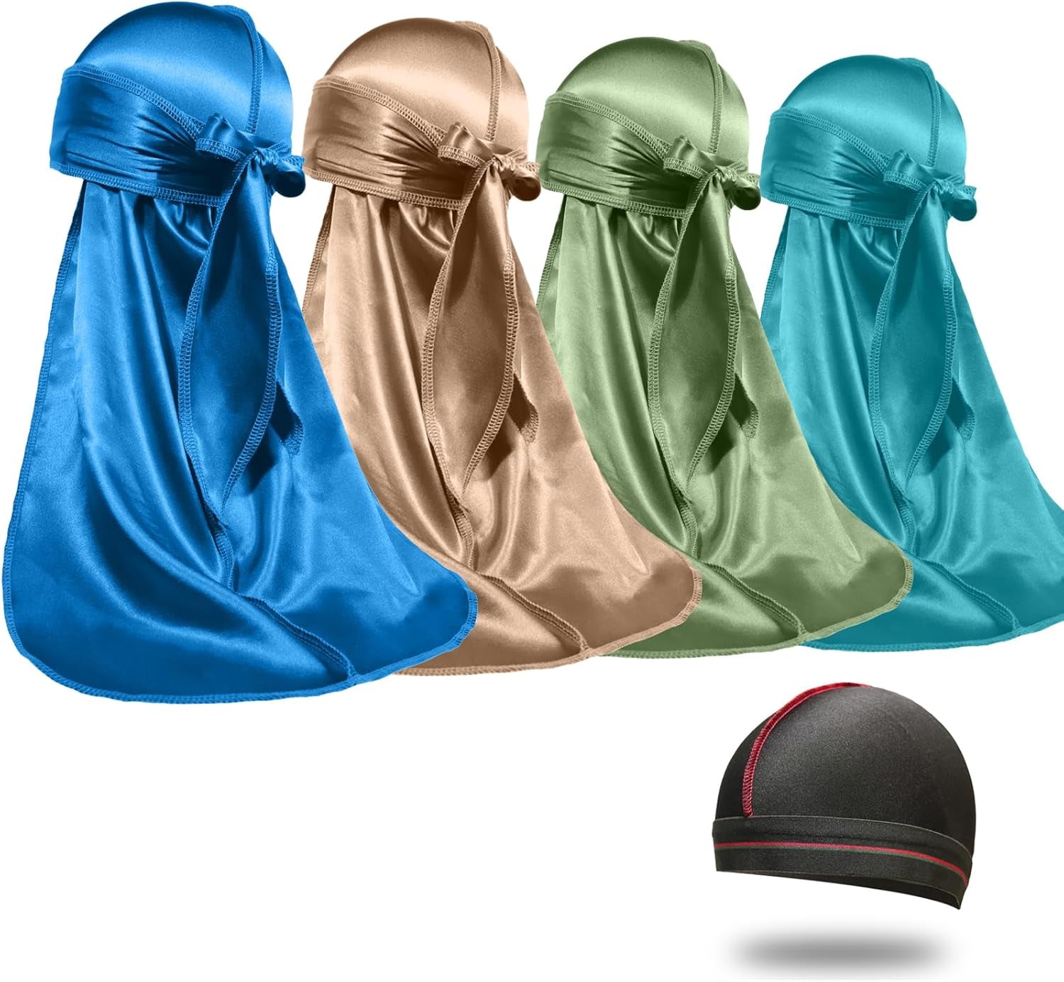 4PCS Silky Durags for Men Women 360 Waves with 1 Wave Cap, Silky Satin Durag Extra Long Tails - PHamily Hair Care 