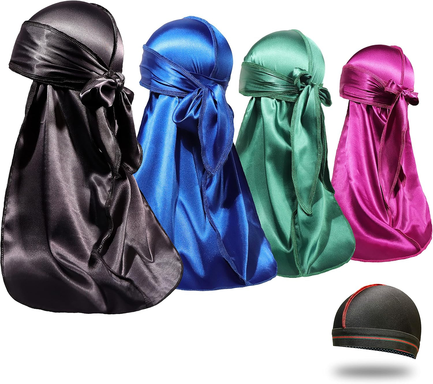 4PCS Silky Durags for Men Women 360 Waves with 1 Wave Cap, Silky Satin Durag Extra Long Tails - PHamily Hair Care 