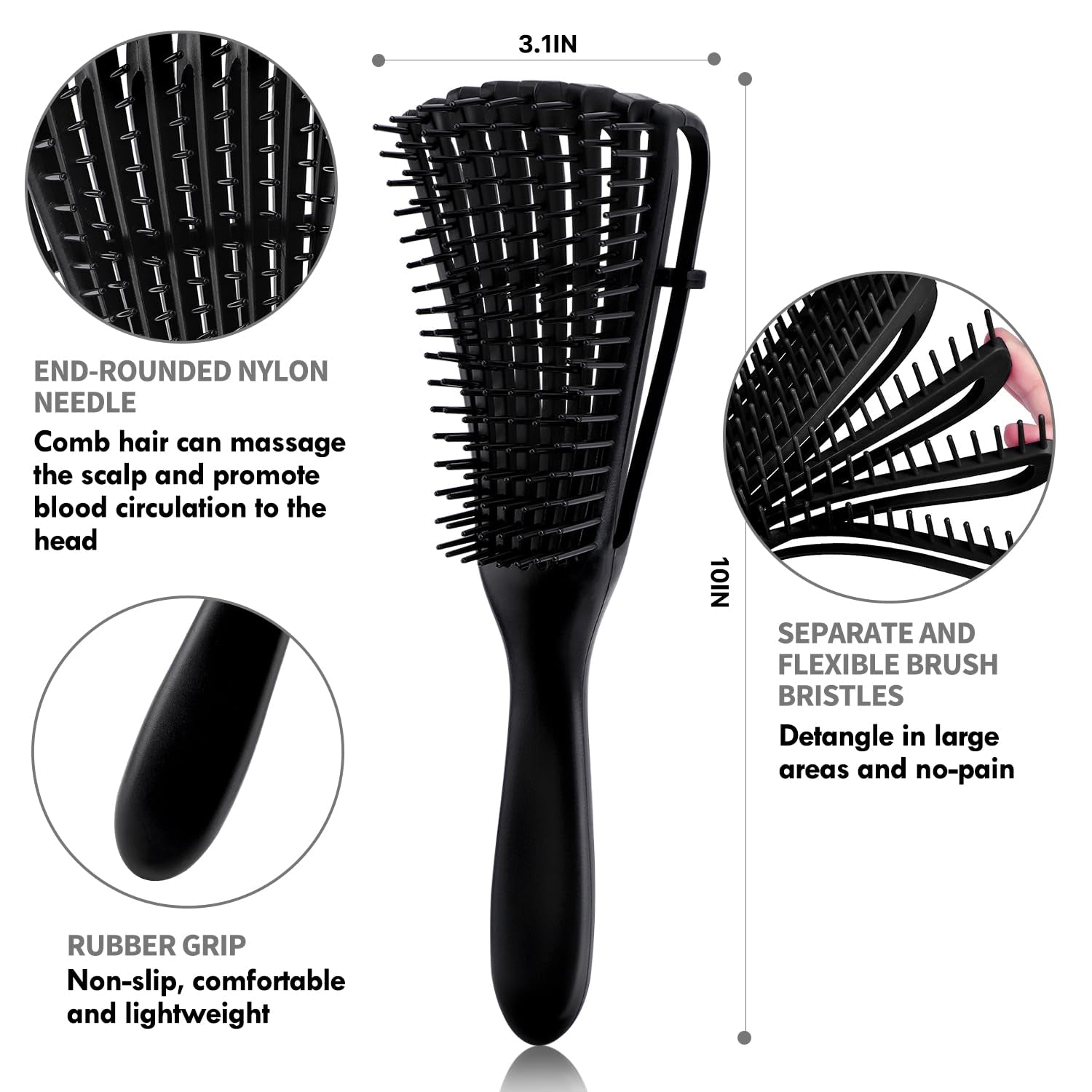 4Pcs Curly Hair Brush Set for Adult & Kids Wet or Dry, Detangling Brush for 3/4ABC Hair with Detangler Spray Bottle & Wide Tooth Comb (3+1, Black) - PHamily Hair Care 
