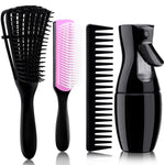 4Pcs Curly Hair Brush Set for Adult & Kids Wet or Dry, Detangling Brush for 3/4ABC Hair with Detangler Spray Bottle & Wide Tooth Comb (3+1, Black) - PHamily Hair Care 