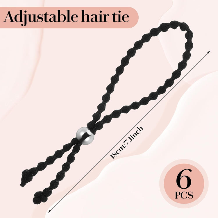 6Pcs Beaded No-Slip Hair Ties for Natural Curly, Adjustable Afro Puff Cuff Drawstring Ponytail Holder, Black Elastic Hair Scrunchies, Large Hair Ties for Women Thick Pineapple Kinky Braids Hair Bands - PHamily Hair Care 