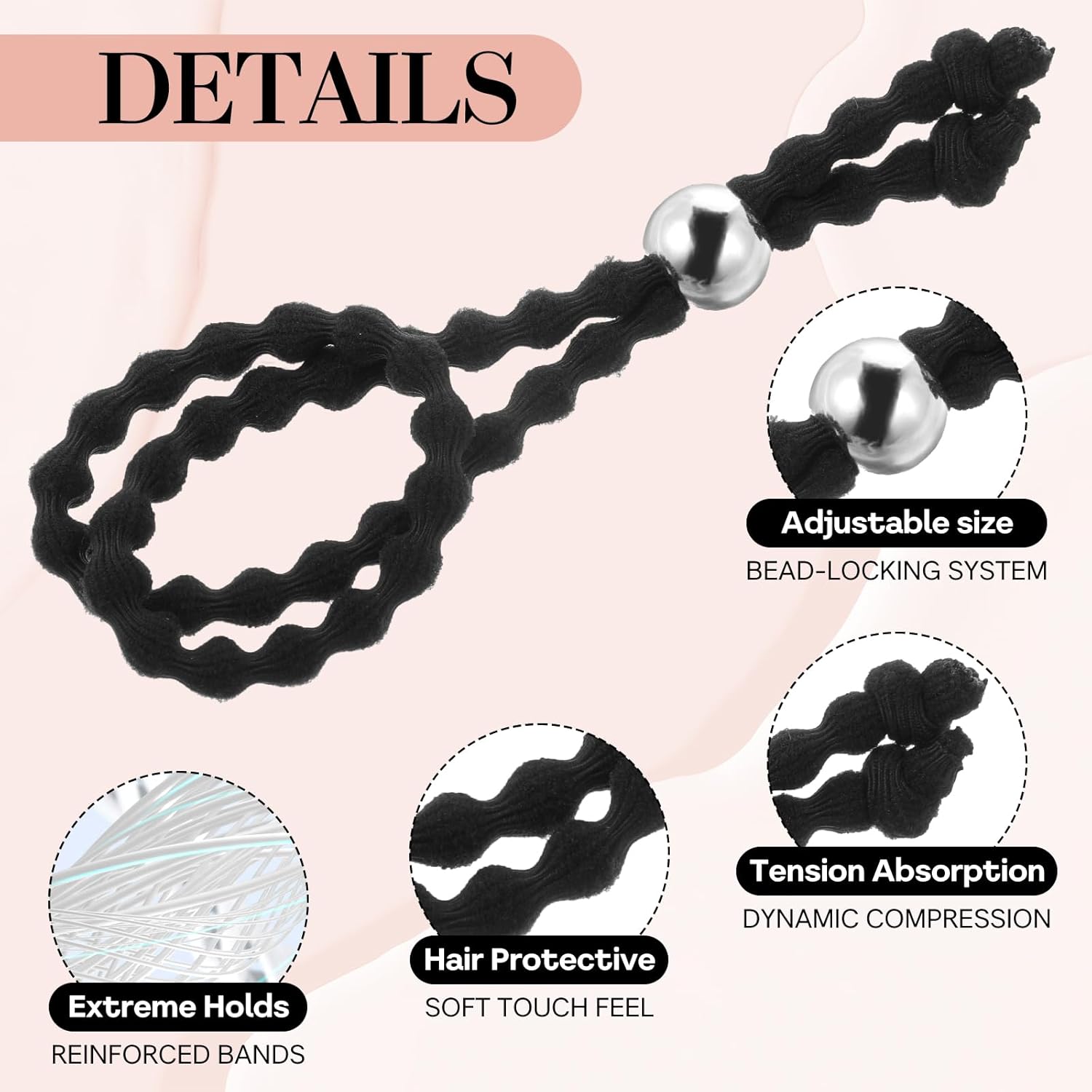 6Pcs Beaded No-Slip Hair Ties for Natural Curly, Adjustable Afro Puff Cuff Drawstring Ponytail Holder, Black Elastic Hair Scrunchies, Large Hair Ties for Women Thick Pineapple Kinky Braids Hair Bands - PHamily Hair Care 