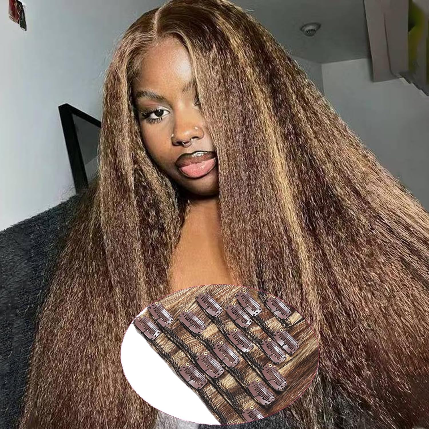 Hair Extension Clip-Ins - Real Human Hair Extensions 120G 8Pcs 18Inch,Soft & Natural Straight Double Weft for Women #P427 Chocolate Brown to Honey Blonde Extensions Real Human Hair Clip Ins