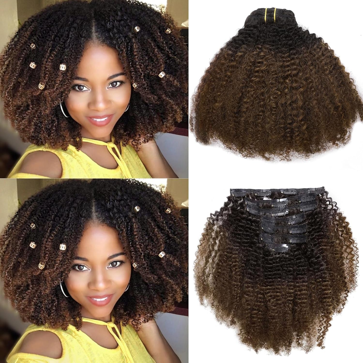 Ombre Curly Clip in Hair Extensions 4B 4C Afro Kinkys Curly Hair Extensions Clip in for Black Women 8A Virgin Natural Human Hair Full Head Kinky Hair Clip Ins Two Tone Ombre 120G #1B/99J AC 14Inch