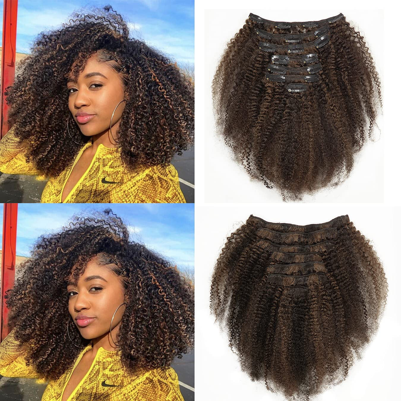 Ombre Curly Clip in Hair Extensions 4B 4C Afro Kinkys Curly Hair Extensions Clip in for Black Women 8A Virgin Natural Human Hair Full Head Kinky Hair Clip Ins Two Tone Ombre 120G #1B/99J AC 14Inch
