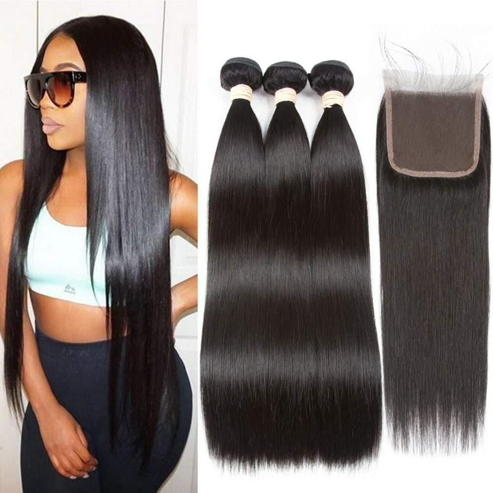 10A Brazillian Human Hair Straight 3 Bundles with Closure 4×4 Human Hair Extensions with Closure Natural Color 22"24"26" with 20"