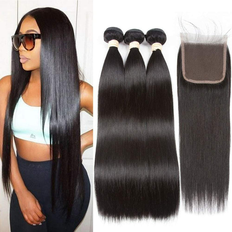10A Brazillian Human Hair Straight 3 Bundles with Closure 4×4 Human Hair Extensions with Closure Natural Color 22"24"26" with 20"