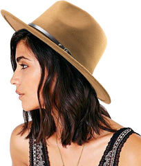 Women Classic Felt Fedora Wide Brim Floppy with Belt Buckle Panama Hat